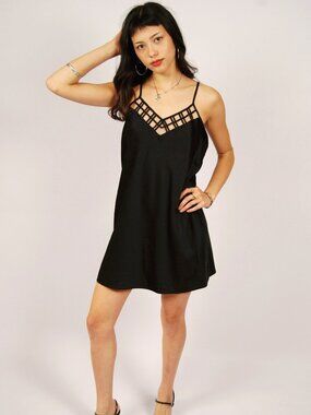 Y2K Lattice Trim Dress (XS) black vintage mini INC little black dress chic glam